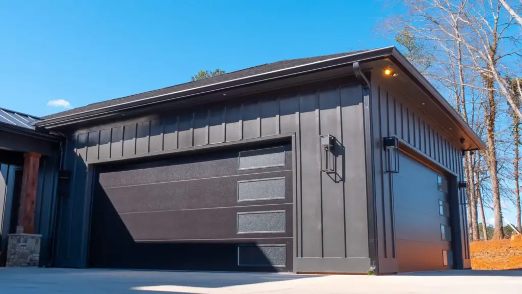 Garage door repair professional fixing a damaged garage door.